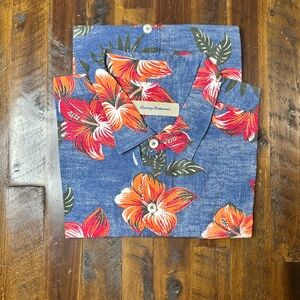 Tommy Bahama Blue Shirt with Red and Orange Floral Design XL